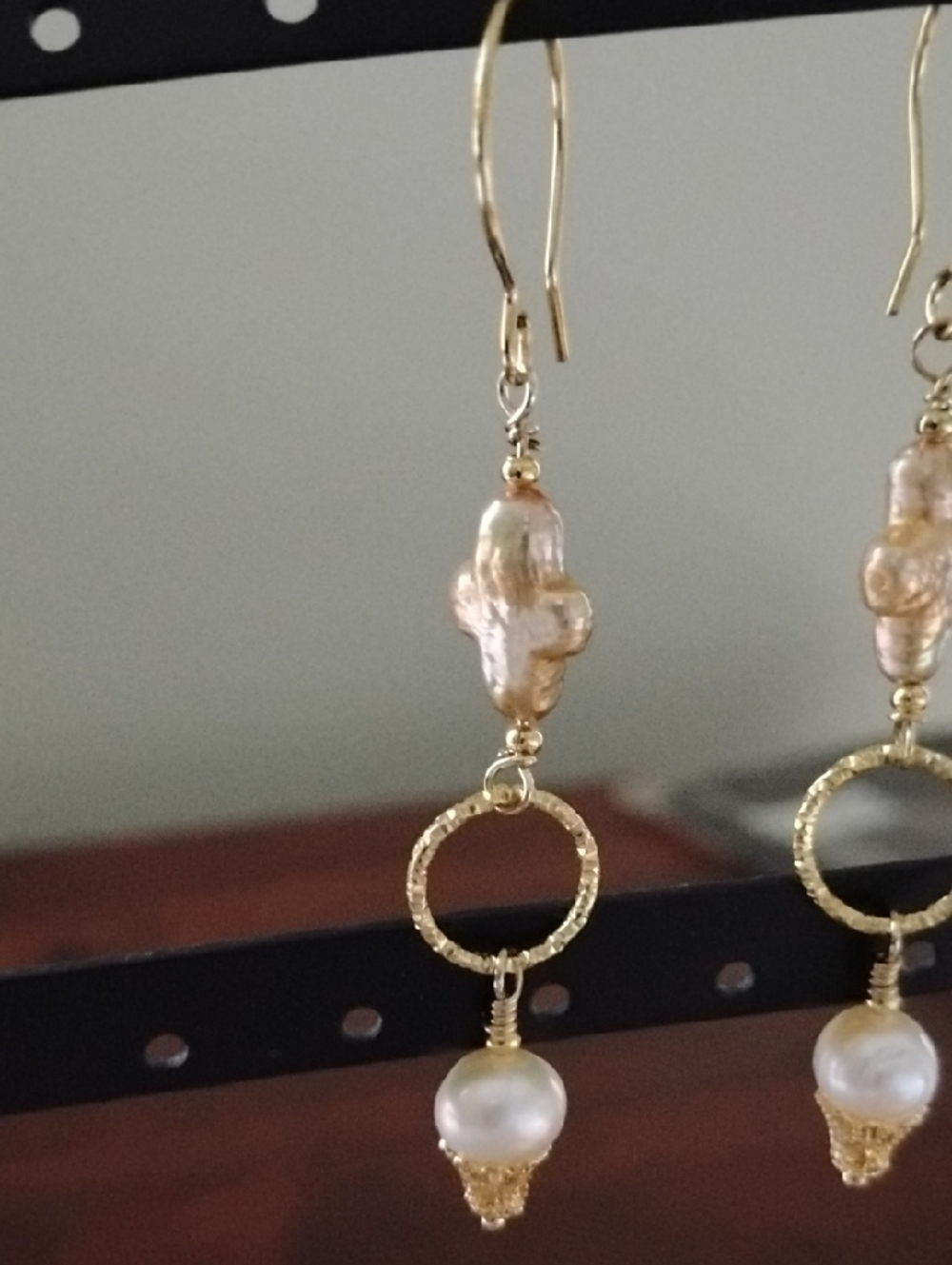 Hand Crafted Gold Cross Pearl Drop Earrings With White Fresh Water Pearls - Picture 3 of 6